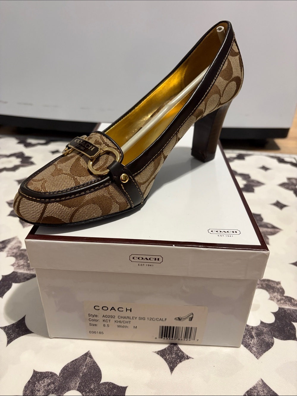Coach Charley Brown Signature Canvas Block Heel Pump with Dark Trim